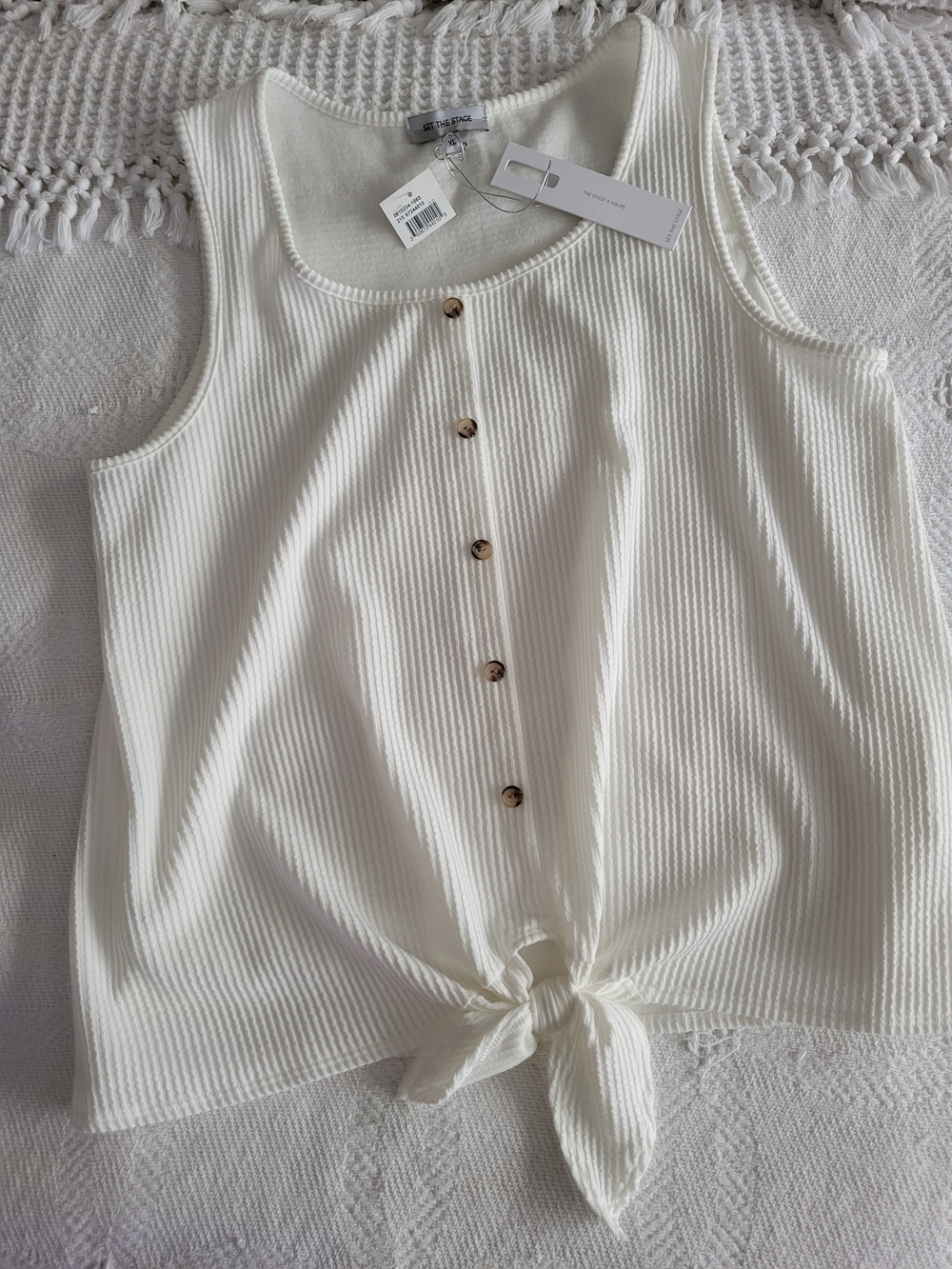 Ribbed Tie-Front Tank Top - White